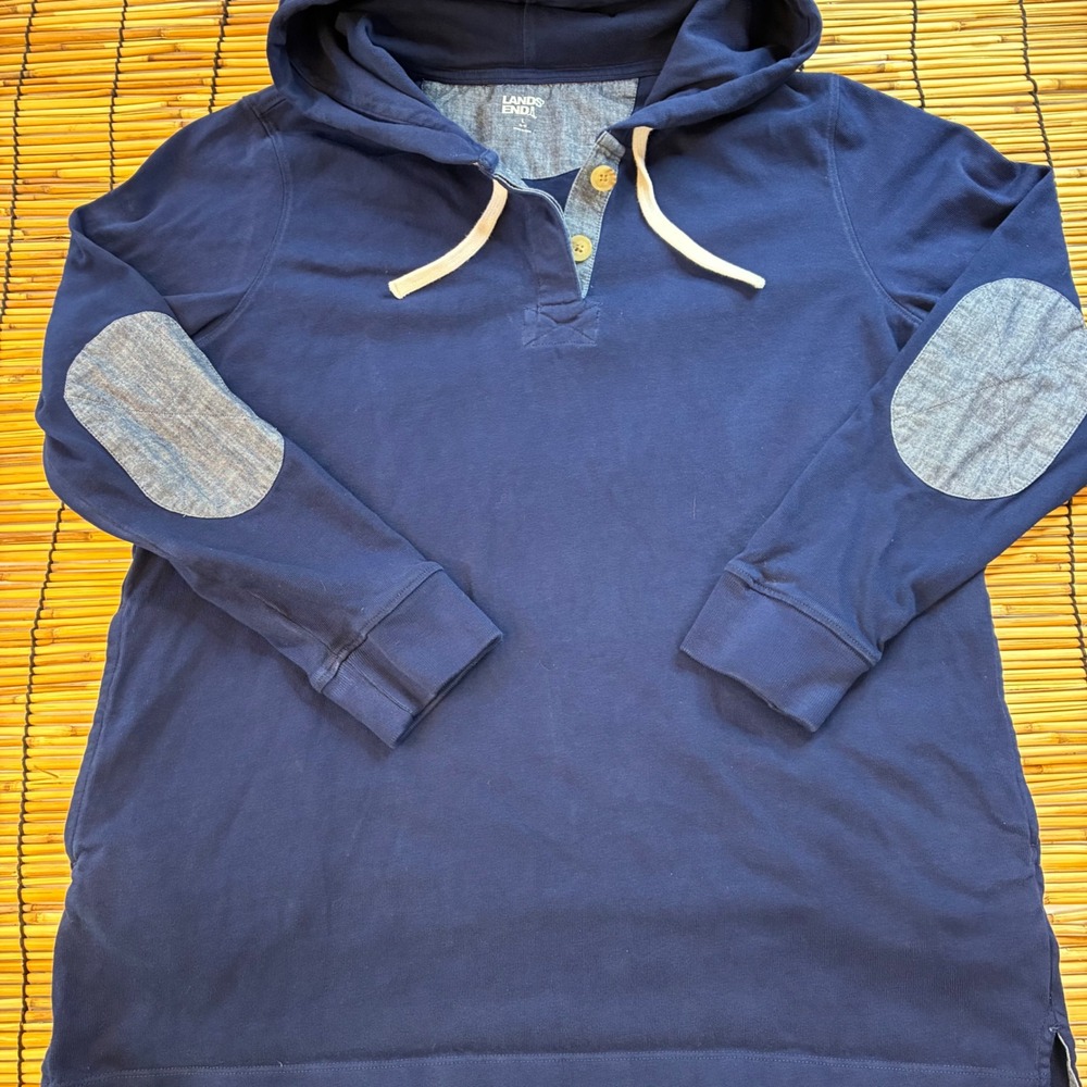 Lands End Womens Navy Blue Cotton Henley Hoodie Elbow Patches Tunic Large 537073